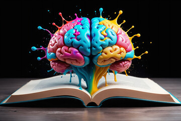 Poster - Liquid Color design background fly out of the book as a fantasy. colorful brain splash Brainstorm and study concept