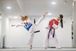 Taekwondo girl in dobok is attacking a rival and practicing combat in martial art school.
