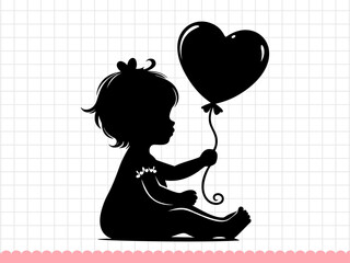 Cute baby girl silhouette with heart shaped balloon. Vector illustration.