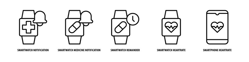 Smartphone, Heartrate, heartrate, Smartwatch Remainder, Medicine Notification, Smartwatch Notification editable stroke outline icons set isolated on white background flat vector illustration.