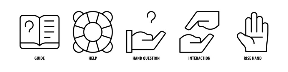 Rise Hand, Interaction, Hand question, Help, Guide editable stroke outline icons set isolated on white background flat vector illustration.