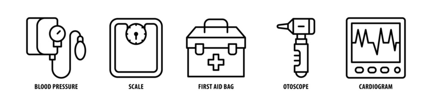 cardiogram, otoscope, first aid bag, scale, blood pressure editable stroke outline icons set isolate
