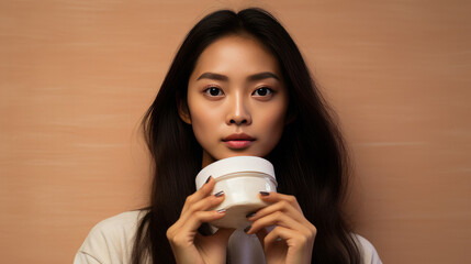 Wall Mural - Asian young woman hold jar of skin cream for face on beige background. Skincare and health wellness concept, Facial treatment, Perfect skin, Natural makeup