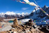 Fototapeta  - Mount Everest, Lhotse, Makalu, buddhist prayer flags