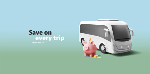 3d realistic bus render illustration with saving piggy and coins, modern public transport concept car