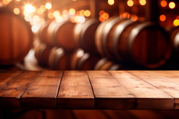 Wall Mural - empty wooden table in front blurred wine cellar in the background. winery and beverage concept, background for product display