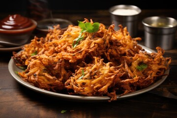 Wall Mural - Crispy kanda pakora, kanda bhaji or onion fritters. A road side snack served with red garlic chutney. favourite monsoon snack in India