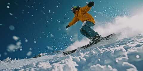 Sticker - A man is seen riding a snowboard down a snow-covered slope. This image can be used to depict winter sports or recreational activities