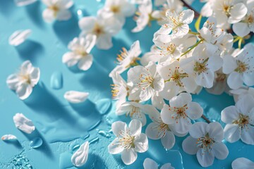 Wall Mural - A bunch of white flowers on a blue surface. Perfect for adding a touch of elegance and beauty to any project