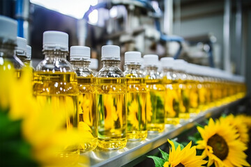 Wall Mural - Automatic conveyor line for bottling sunflower oil at a plant or factory for the production of drinks, modern computerized industrial equipment. Plant for the production of vegetable oil.