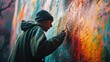 A man is seen painting a wall with vibrant and colorful paint. This image can be used to depict home improvement, renovation, or artistic creativity
