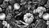 Fototapeta  - A black and white drawing featuring a variety of vegetables. This versatile image can be used in cookbooks, food blogs, or healthy eating articles