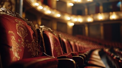 Poster - A row of red chairs in a theatre. Suitable for use in theatre-related articles or promotional materials