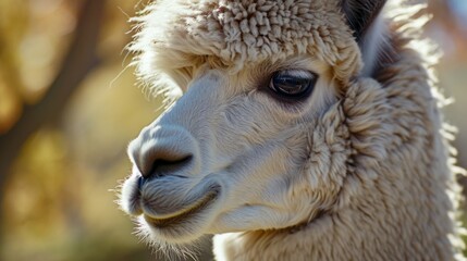 Sticker - A detailed view of a llama's face with a blurred background. This image can be used to depict the unique features and expressions of llamas.