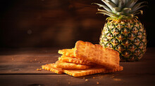 Ripe Pineapple With Pineapple Crackers On A Wooden Table On A Dark Background.copy Space 