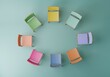 3D Diversity Equity Inclusion Belonging concept. Chairs of different colors arranged in a circle. Metaphor of equality and teamwork in workspace, school, society. Minimal 3D render. 
