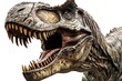 A detailed close-up of a dinosaur with its mouth wide open. This image can be used to depict the ferocity and power of prehistoric creatures