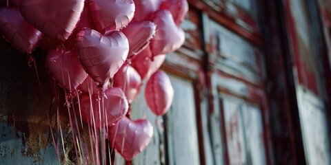 Canvas Print - Pink heart shaped balloons hanging from the side of a building. Perfect for Valentine's Day decorations or romantic events