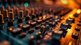 Fototapeta  - Close-up view of a sound board in a recording studio. Perfect for capturing the intricate details of audio production. Ideal for music industry websites, blogs, and articles
