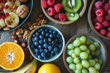 Wall Mural - A wooden table topped with bowls of fruit and nuts. Perfect for food-related projects and healthy eating concepts