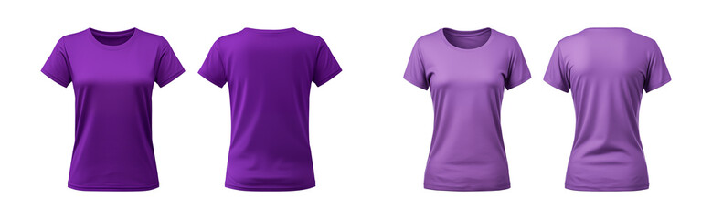 realistic set of female purple t-shirts mockup front and back view isolated on a transparent background, cut out