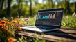 Laptop with trading statistics in a garden on grass 