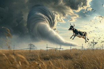 tornado and a cow flying in the air