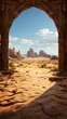 Open wooden door in the desert with yellowish sun glare AI generated