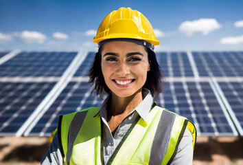 Woman enginneer standing in front of solar panels.