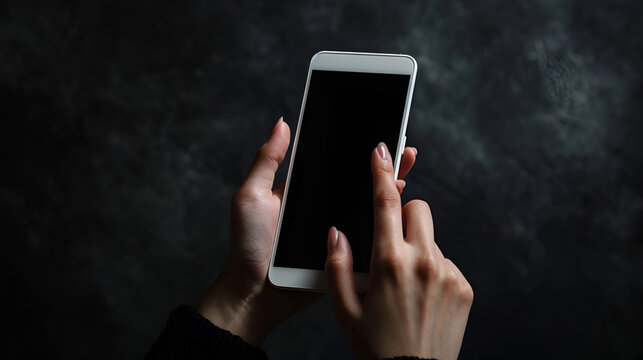 Female hand holding white mobile phone against dark elegant background, generative ai