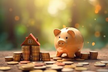 Piggy Bank, Stacks Of Coins And Little Wooden House. Savings For Buying Real Estate, Investment Concept.: