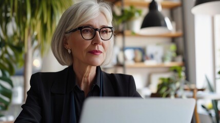 Senior mature older woman watching business training, online webinar on laptop computer remote working or social distance learning from home. 60s businesswoman video conference calling in virtual chat