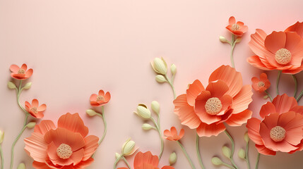 beautiful spring flowers on paper background papercut style on orange background