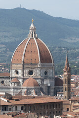 Florence, Italy, July 25, 2023. Aerial view of the city with Santa Maria del Fiore Cathedral