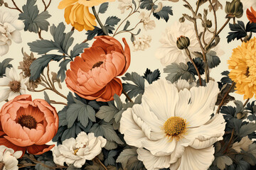 Poster - Floral Delight: Decorative Vintage Rose Pattern on Pink Watercolor Background
