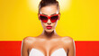 The Glamourous Portrait of a Stylish Woman Captivating the Viewer With her Vibrant Red Sunglasses and Ethereal White Top