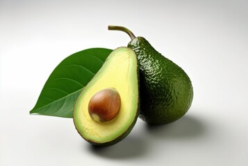 Wall Mural - avocado with cut in half and leaves isolated on white background. generative ai