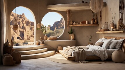 Poster - Modern bedroom interior with desert landscape