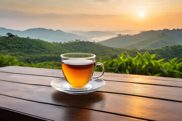 Wall Mural - A hot and smoke tea with glass cup on wooden and peaceful view point in morning scene with isolated in a light color background