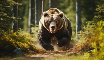Wall Mural - Portrait of an angry brown bear in a forest
