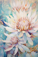 Wall Mural - Pink protea flower on a blue background. Vertical floral watercolor painting