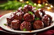 Slow cooker grape jelly meatballs christmas appetizer on a plate at festive american family dinner
