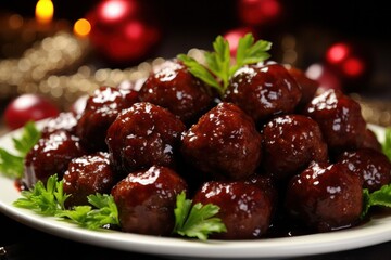 Wall Mural - Slow cooker grape jelly meatballs christmas appetizer on a plate at festive american family dinner