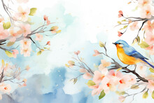 Watercolor Cherry Blossom Background With Blue Bird. Hand Drawn Illustration