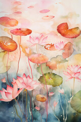 Canvas Print - Vertical watercolor painting of water lilies and lotus flowers. Digital art