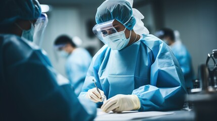 Wall Mural - Surgeon in blue surgical gown and gloves writing on a clipboard during an operation