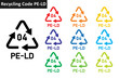 PE-LD plastic recycling code icon set. Plastic recycling symbols 04 PE-LD. Plastic recycling code 04 icon collection in ten different colors. Set of plastic recycling code symbol icon 04 PE-LD.