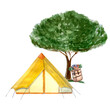 © Ekaterina - Watercolor hiking composition tree yellow tent