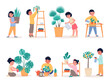 Cute kids care plants. Children in home watering, loosening and planting in pots flowers, domestic floriculture and gardening, little gardeners girls and boys. Cartoon flat vector set
