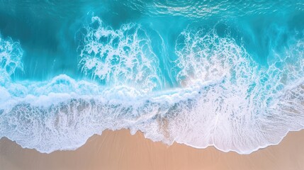 Sand beach from above with light blue water wave and sun lights